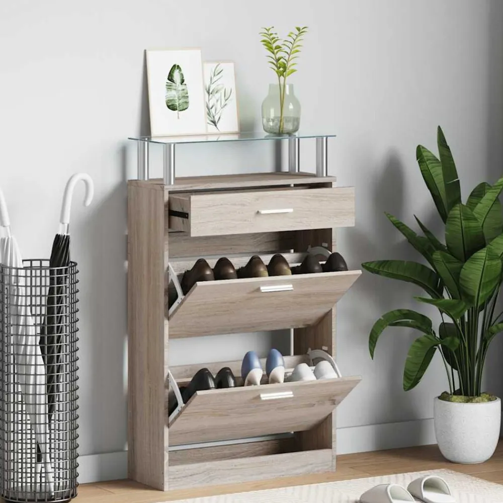 Produits Ménagers-vidaXL Meuble à chaussures avec tiroir et plateau en verre Bois Chêne