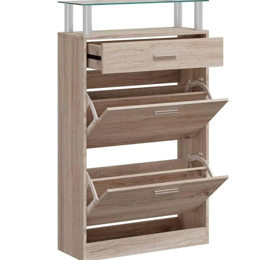 Produits Ménagers-vidaXL Meuble à chaussures avec tiroir et plateau en verre Bois Chêne