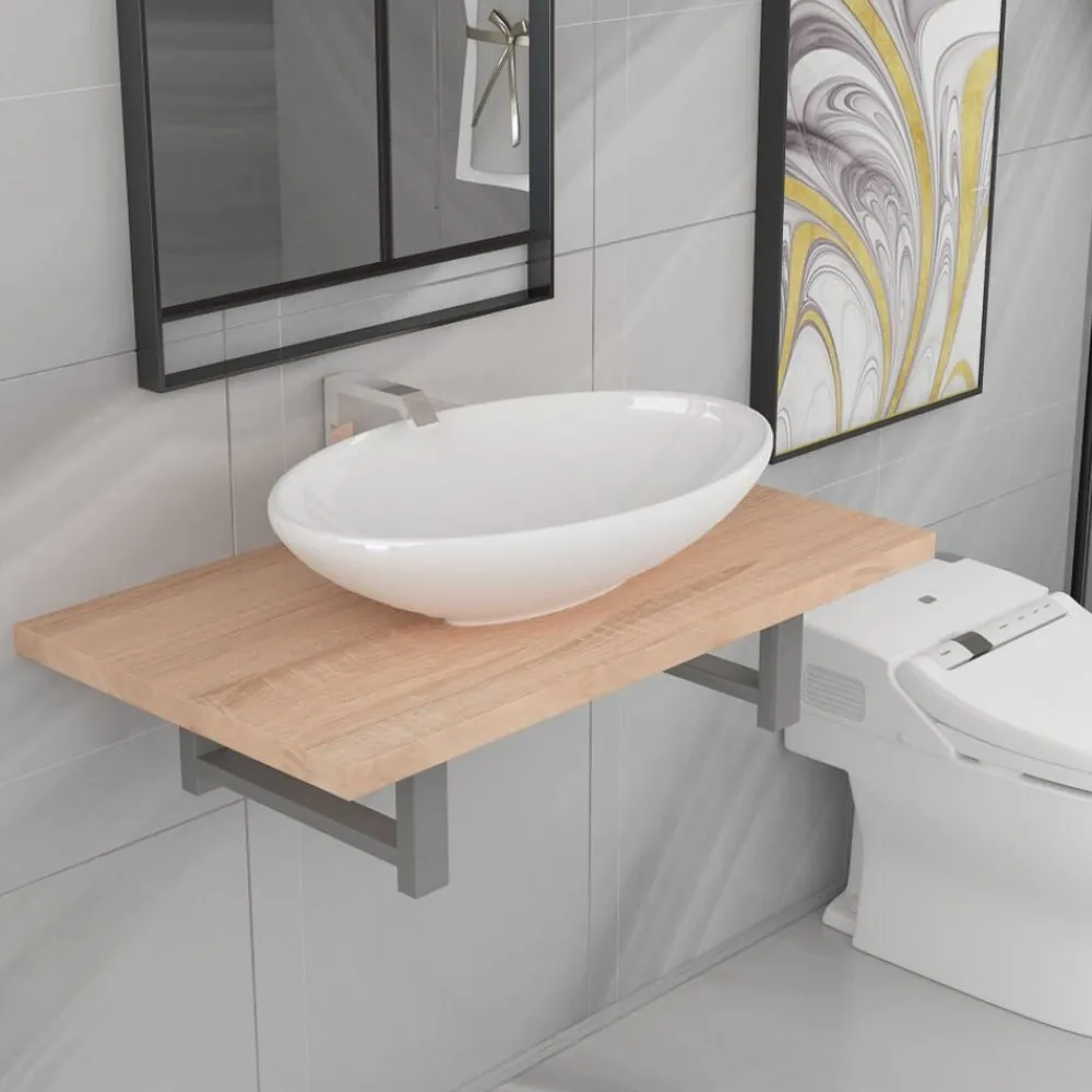vidaXL Meuble de salle de bain en deux pièces Céramique Chêne