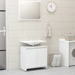 Ensembles De Meubles-vidaXL Meubles de salle de bain Bois d'ingénierie Blanc brillant