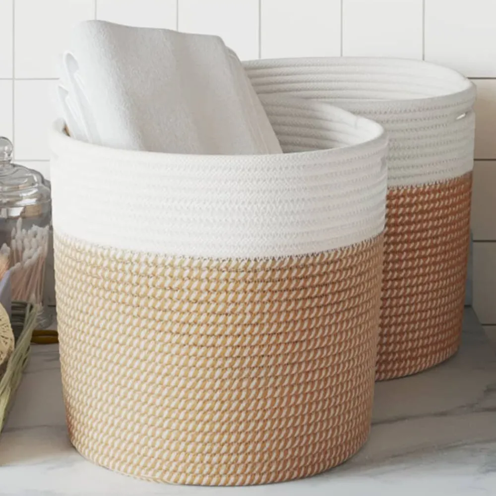 Décorations-vidaXL Paniers de rangement 2 pcs et blanc Ø28x28 cm coton Marron