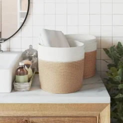 Décorations-vidaXL Paniers de rangement 2 pcs et blanc Ø28x28 cm coton Marron