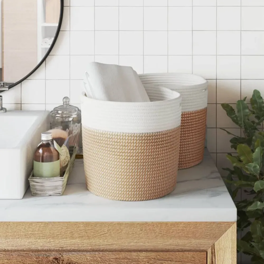 Décorations-vidaXL Paniers de rangement 2 pcs et blanc Ø28x28 cm coton Marron