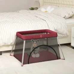 Jouets & Équipement D'Éveil Pour Bébés-vidaXL Parc pour bébé avec matelas Tissu de lin Rouge