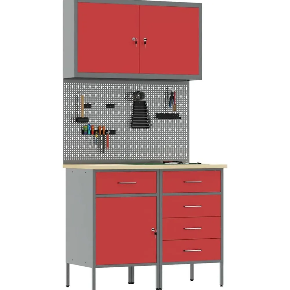 Accessoires De Quincaillerie-vidaXL Placard de travail 5 pcs Bois d'ingénierie et acier Rouge