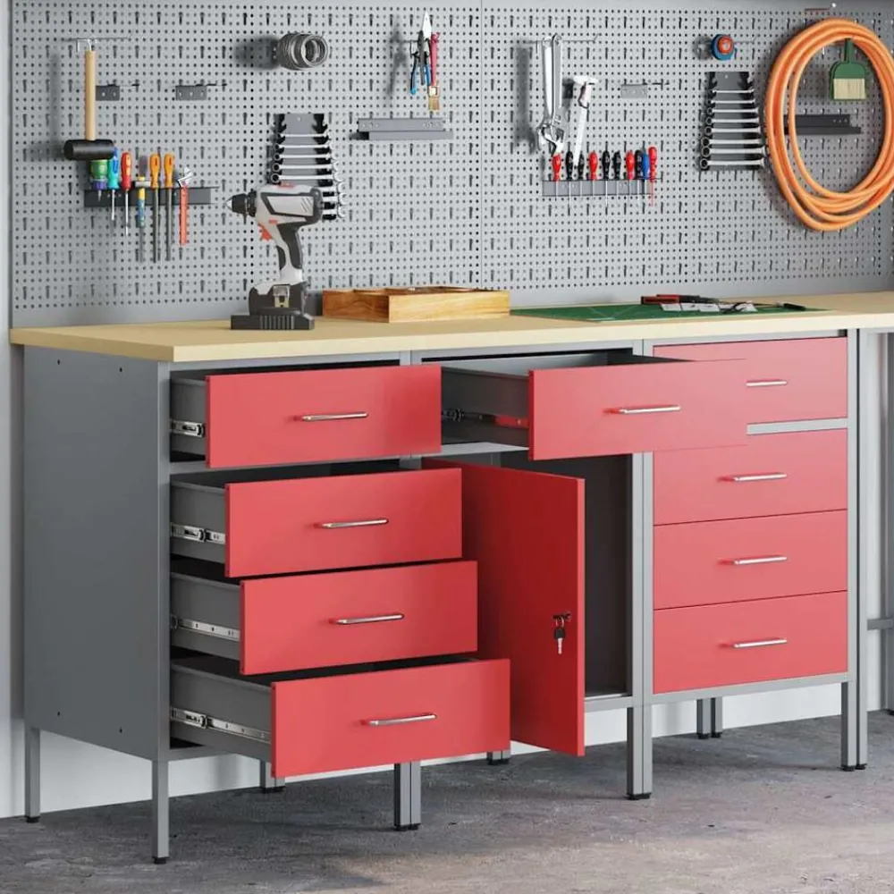 Accessoires De Quincaillerie-vidaXL Placard de travail 3 pcs et Gris 150 x 55 x 85 cm Rouge