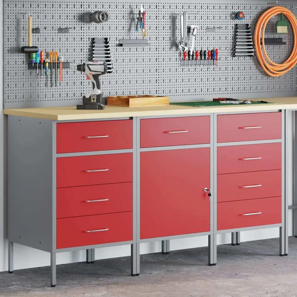 Accessoires De Quincaillerie-vidaXL Placard de travail 3 pcs et Gris 150 x 55 x 85 cm Rouge