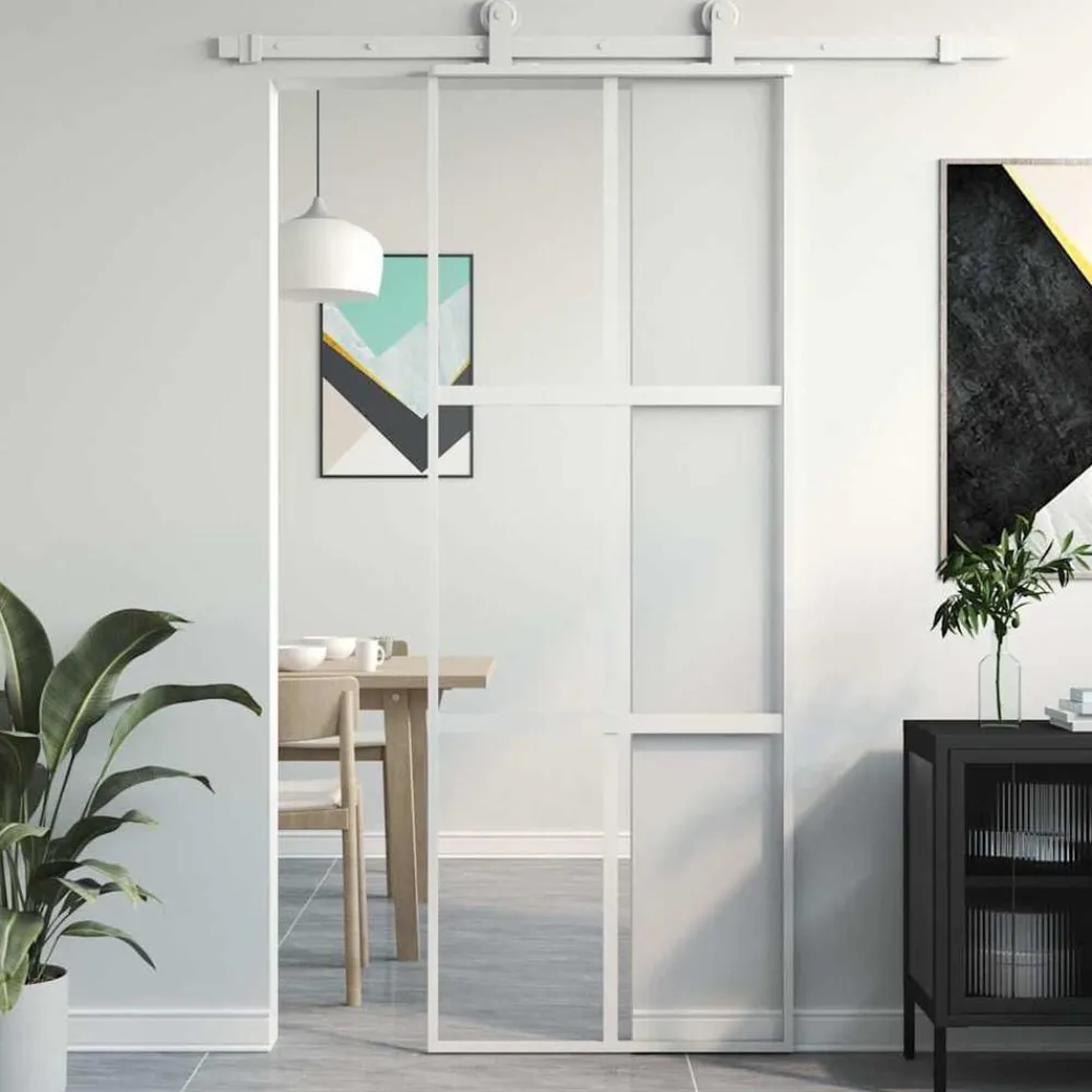 Matériaux De Construction-vidaXL Porte coulissante blanc 76x205 cm verre trempé aluminium Blanc et transparent