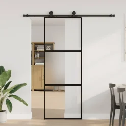 Matériaux De Construction-vidaXL Porte coulissante kit quincaillerie noir 76x205 cm verre trempé black, matt and transparent