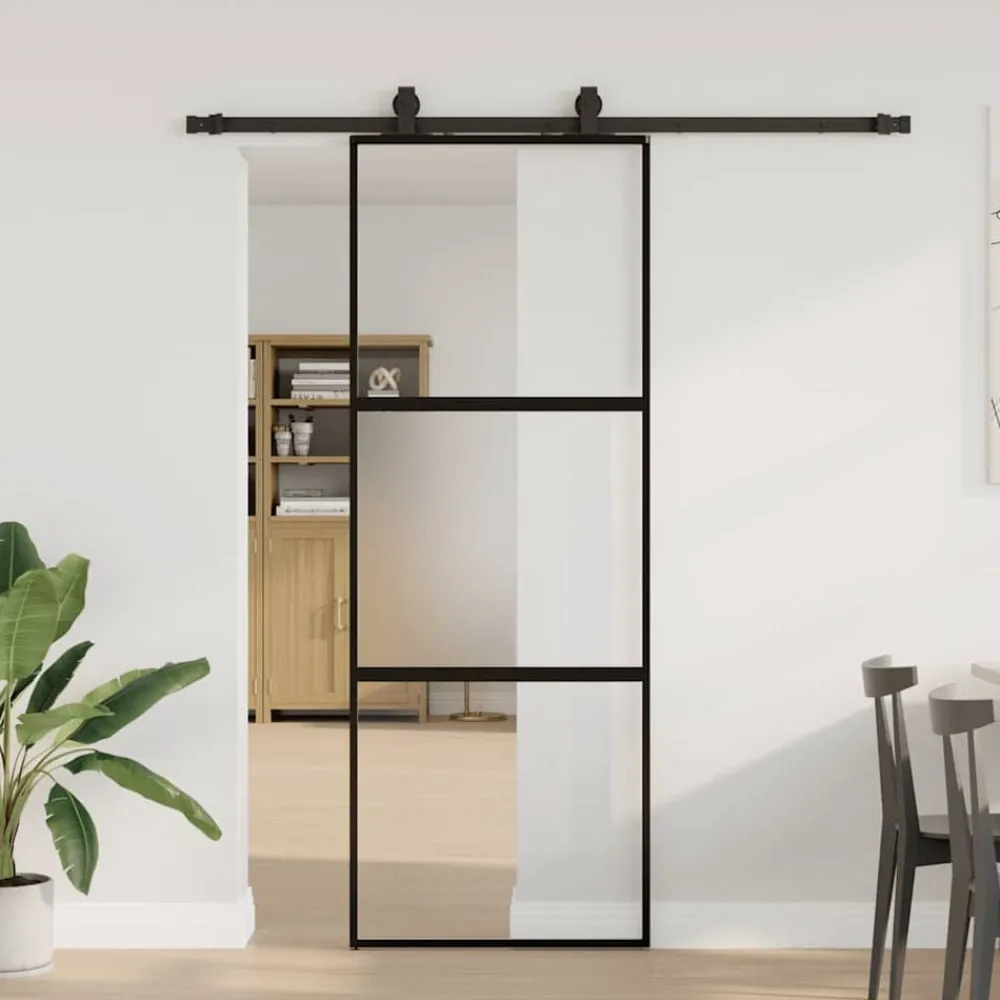 Matériaux De Construction-vidaXL Porte coulissante kit quincaillerie noir 76x205 cm verre trempé black, matt and transparent