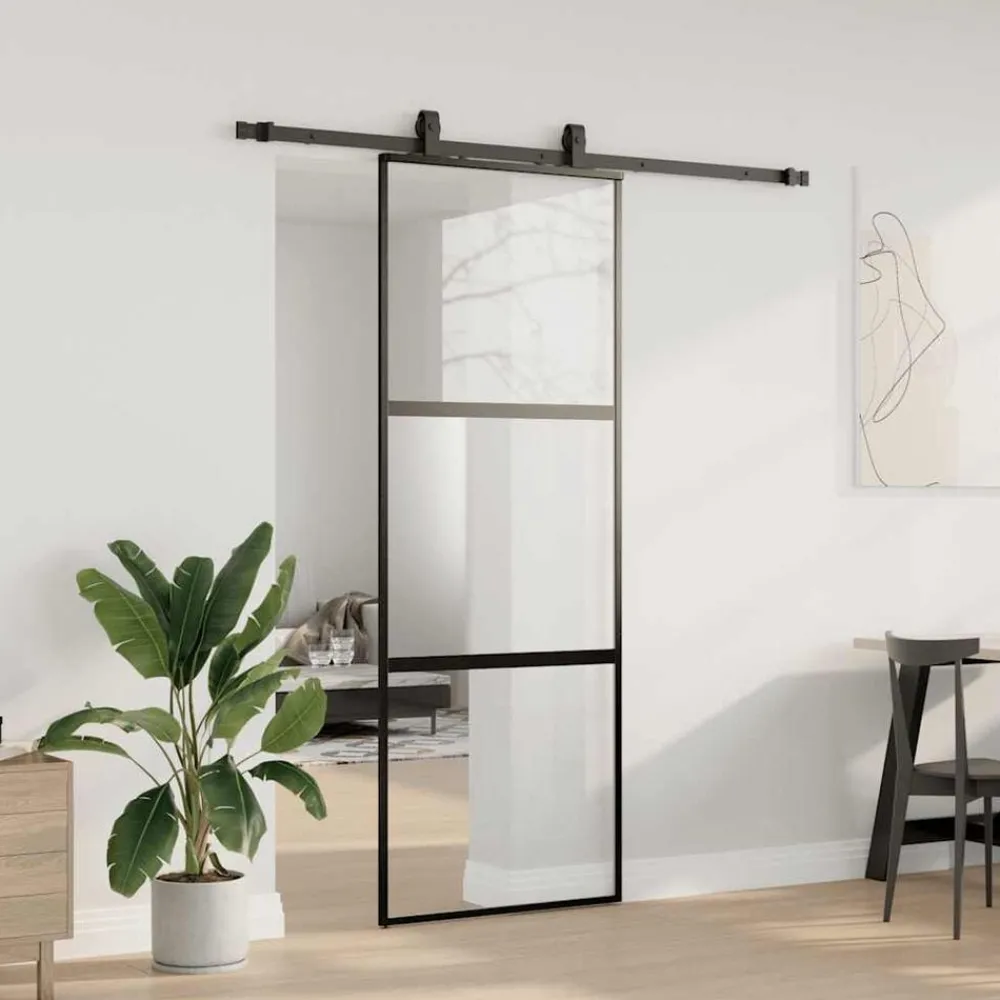 Matériaux De Construction-vidaXL Porte coulissante kit quincaillerie noir 76x205 cm verre trempé black, matt and transparent