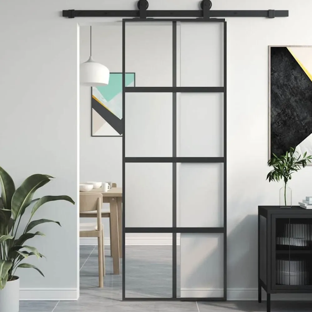 Matériaux De Construction-vidaXL Porte coulissante 76x205 cm verre trempé aluminium Noir
