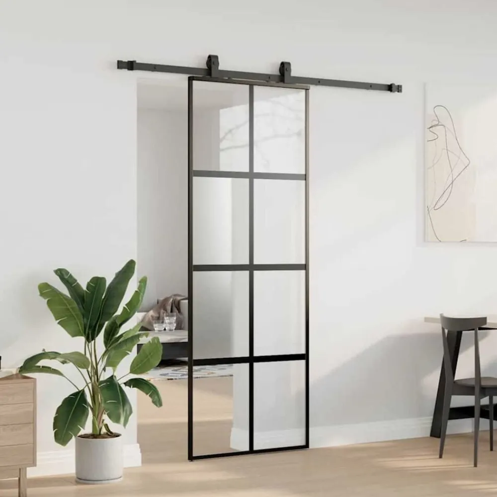 Matériaux De Construction-vidaXL Porte coulissante kit quincaillerie noir 76x205 cm verre trempé black, matt and transparent