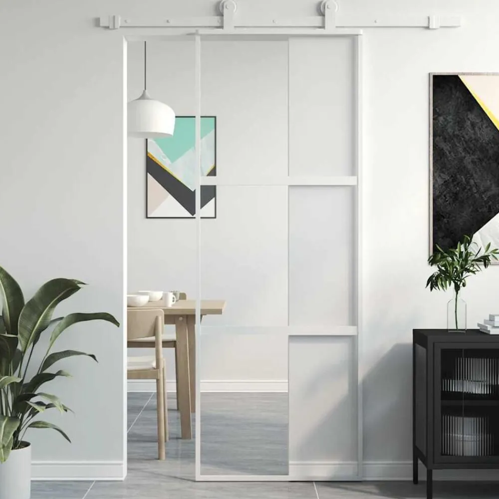 Matériaux De Construction-vidaXL Porte coulissante blanc 76x205 cm verre trempé aluminium Blanc et transparent