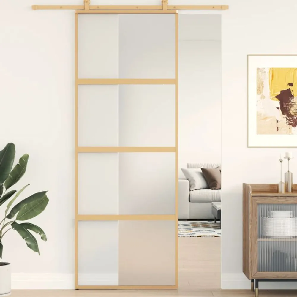 Matériaux De Construction-vidaXL Porte coulissante 76x205 cm verre ESG dépoli et aluminium Doré