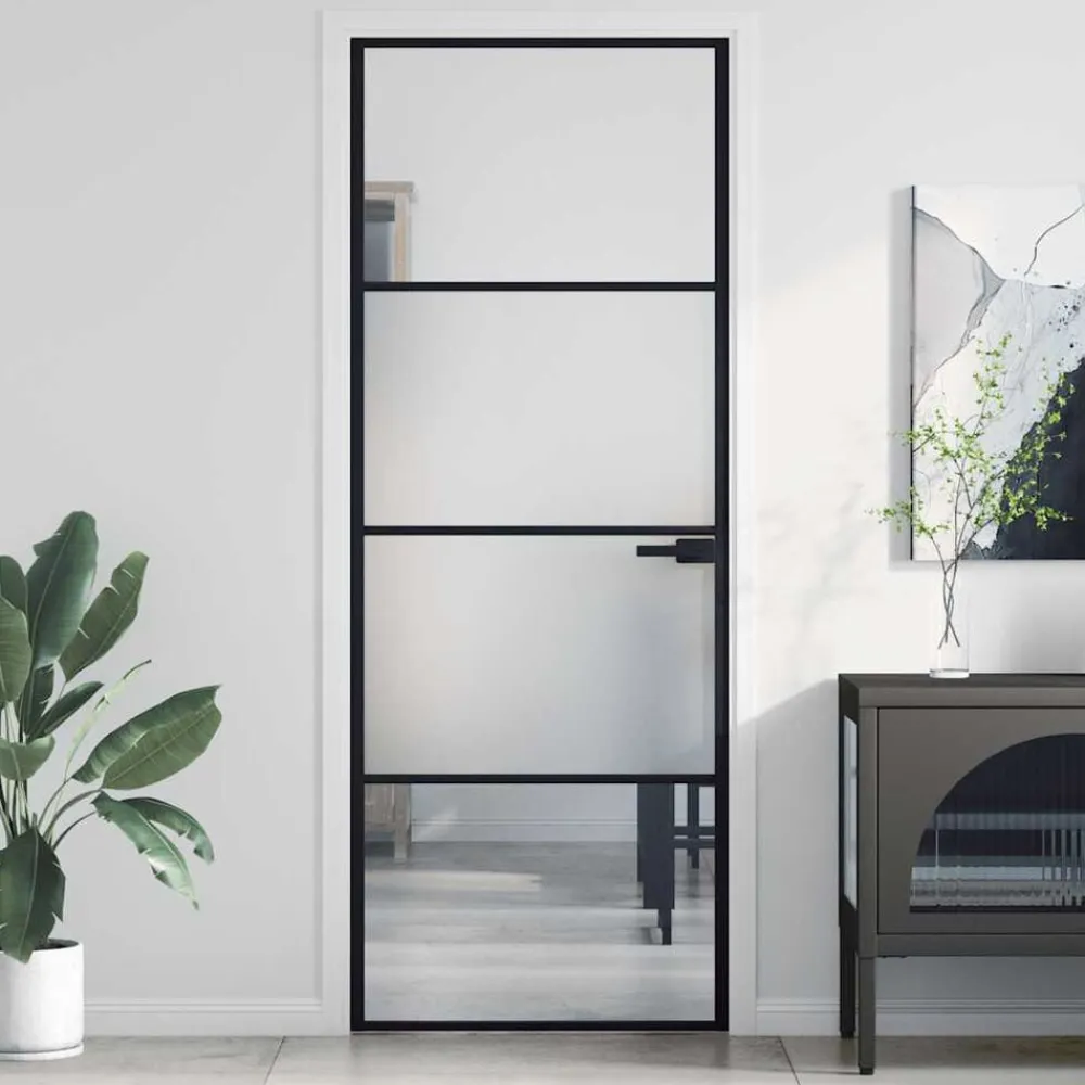 vidaXL Porte intérieure mince noir 76x201,5 cm verre trempé aluminium