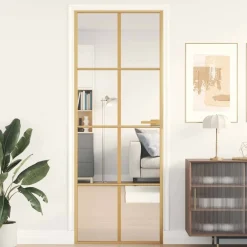 Matériaux De Construction-vidaXL Porte intérieure mince doré 76x201,5 cm verre trempé aluminium Doré et transparent