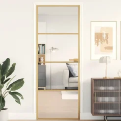 Matériaux De Construction-vidaXL Porte intérieure mince doré 76x201,5 cm verre trempé aluminium Doré et transparent