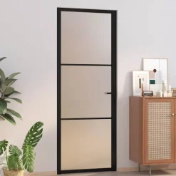 Matériaux De Construction-vidaXL Porte intérieure 76x201,5 cm Noir Verre mat et aluminium Noir et givre