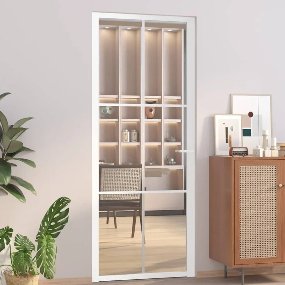 Matériaux De Construction-vidaXL Porte intérieure 83x201,5 cm Blanc Verre ESG et aluminium Blanc et transparent