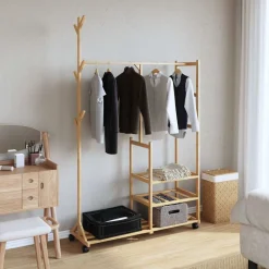 Produits Ménagers-vidaXL Porte-vêtements et étagères et roulettes 100x38x175,5cm bambou