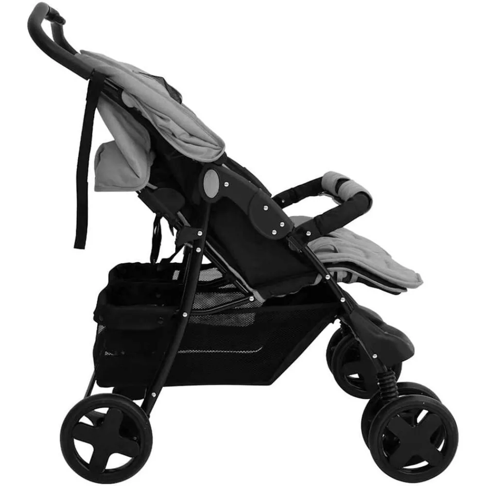 Transport De Bébés-vidaXL Poussette à deux places Acier Gris clair