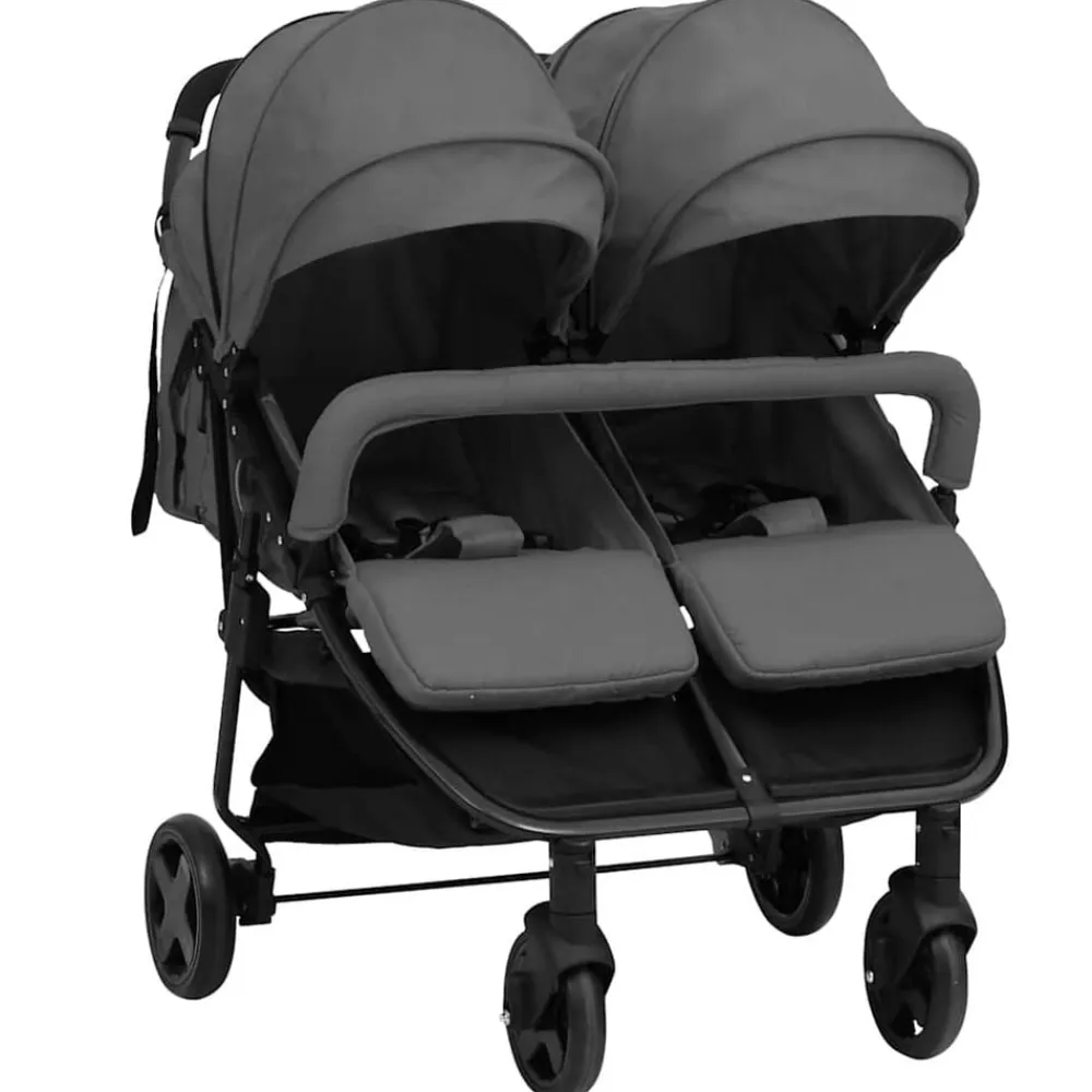 Transport De Bébés-vidaXL Poussette à deux places et noir Acier Gris foncé