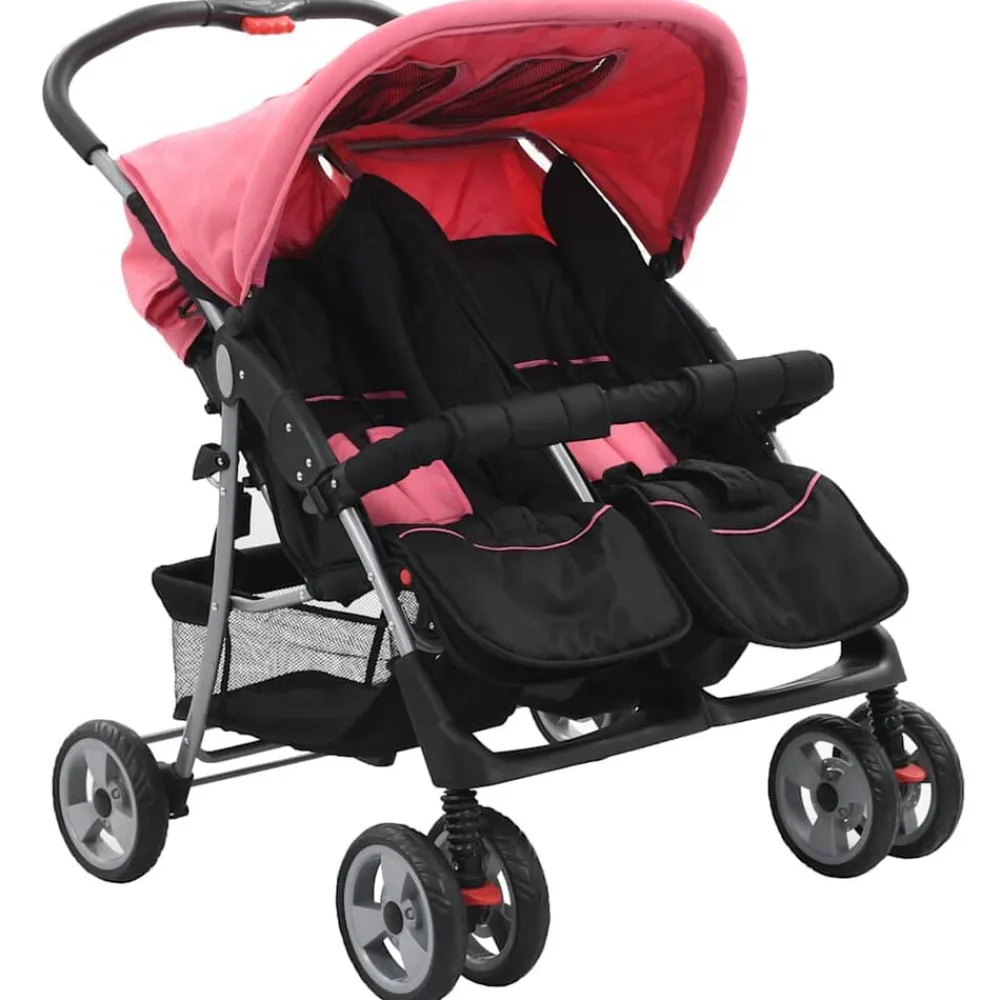 Transport De Bébés-vidaXL Poussette à deux places et noir Acier Rose