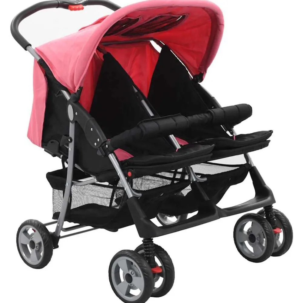 Transport De Bébés-vidaXL Poussette à deux places et noir Acier Rose