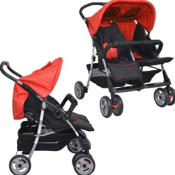 Transport De Bébés-vidaXL Poussette à deux places Acier et noir Rouge