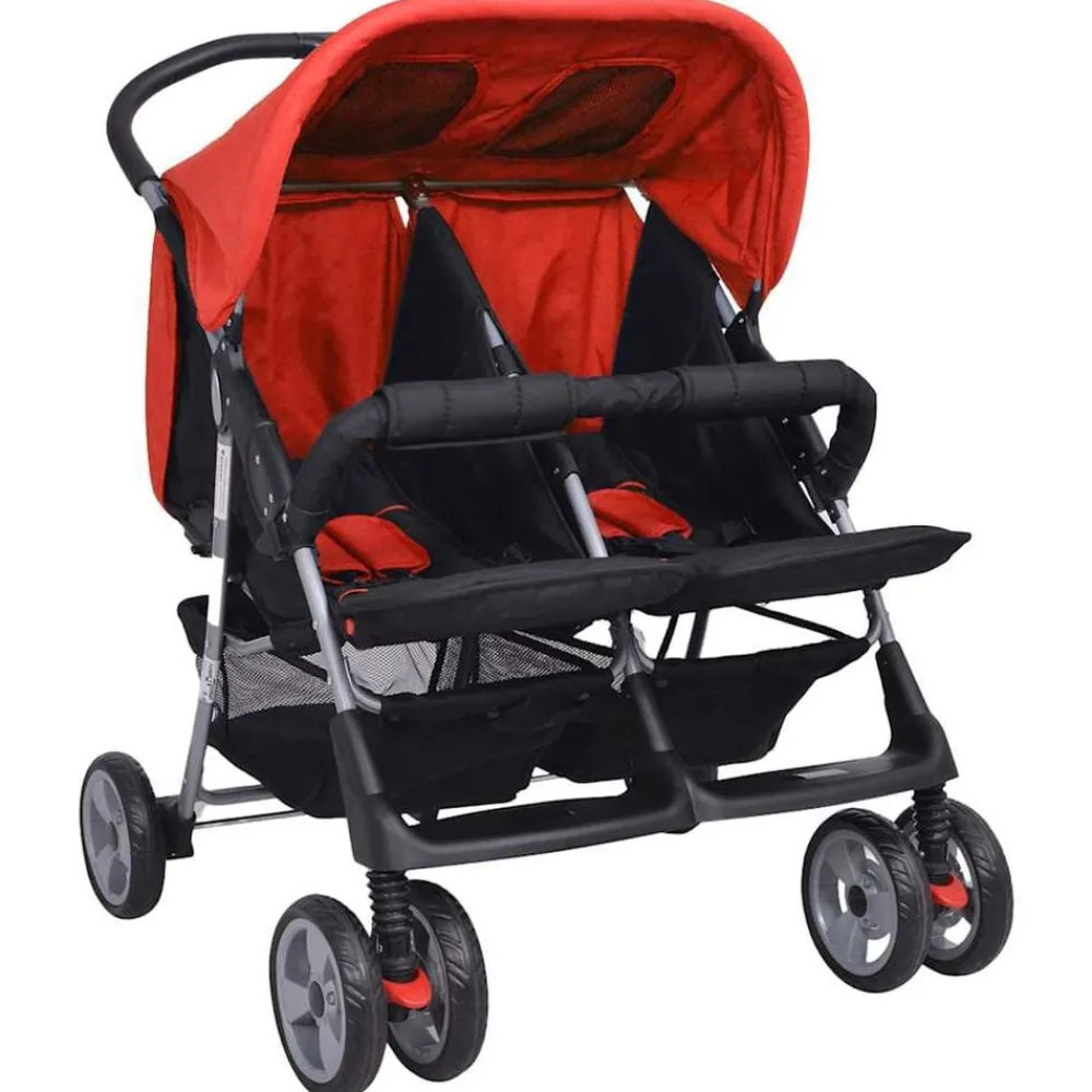 Transport De Bébés-vidaXL Poussette à deux places Acier et noir Rouge