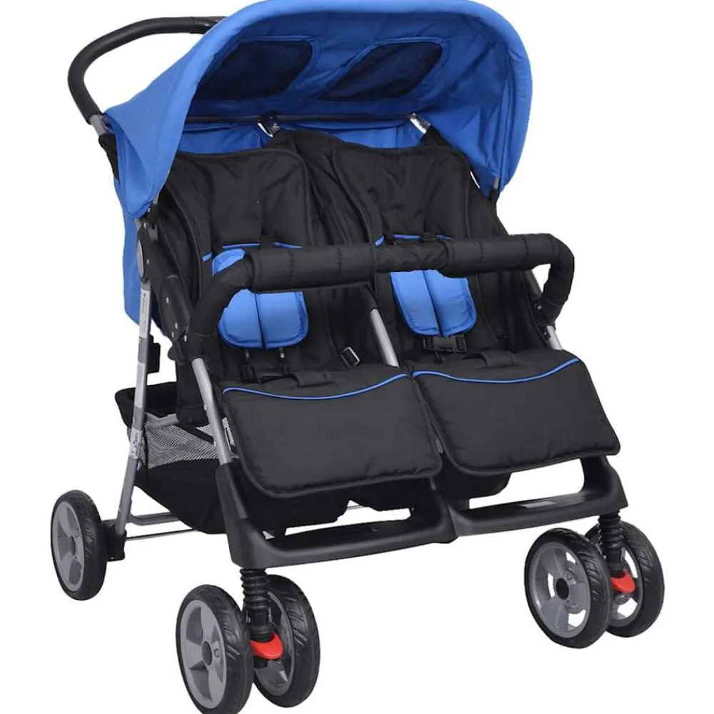 Transport De Bébés-vidaXL Poussette à deux places Acier et noir Bleu