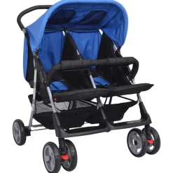 Transport De Bébés-vidaXL Poussette à deux places Acier et noir Bleu