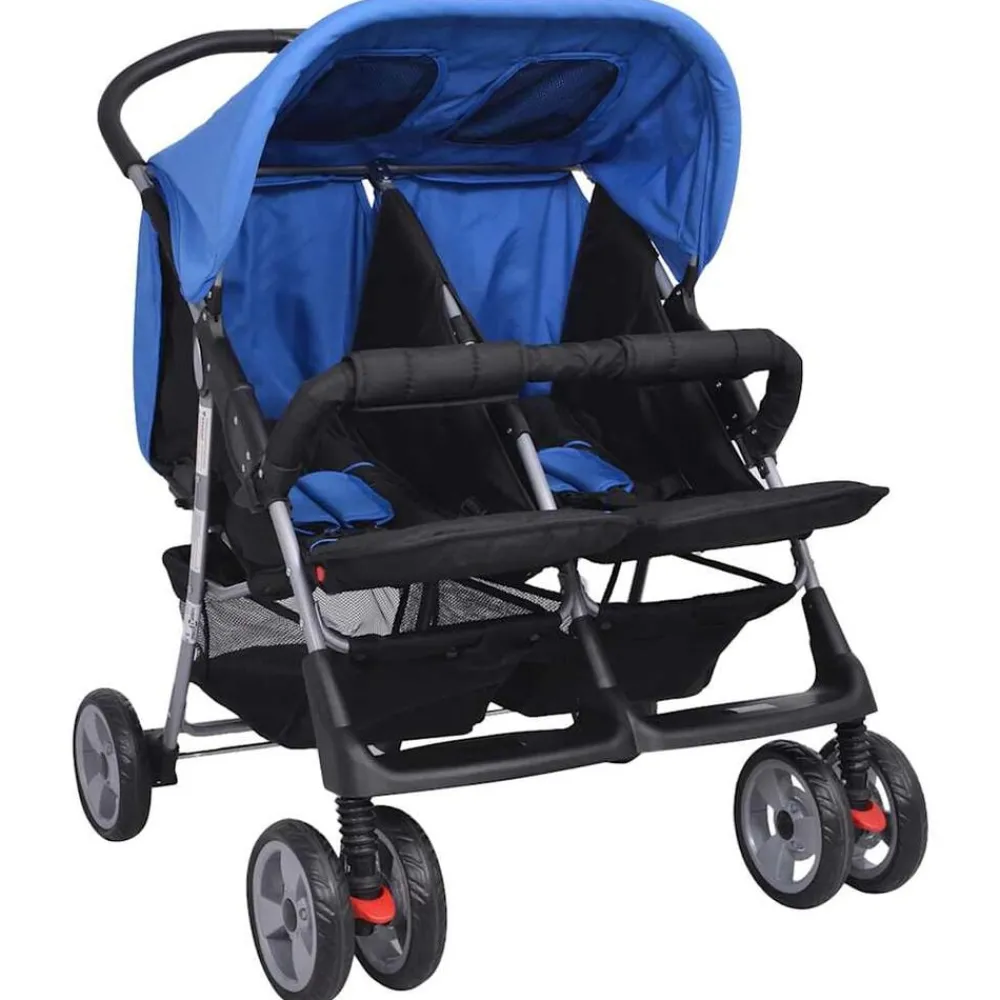 Transport De Bébés-vidaXL Poussette à deux places Acier et noir Bleu