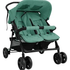 Transport De Bébés-vidaXL Poussette à deux places Acier Vert