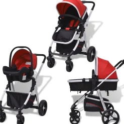 Transport De Bébés-vidaXL Poussette 3-en-1 Aluminium et noir Rouge