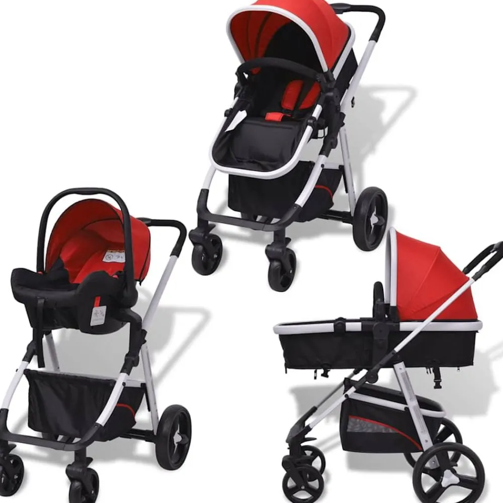 Transport De Bébés-vidaXL Poussette 3-en-1 Aluminium et noir Rouge