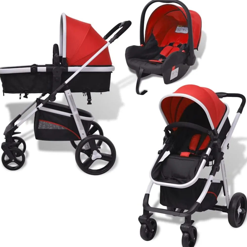Transport De Bébés-vidaXL Poussette 3-en-1 Aluminium et noir Rouge