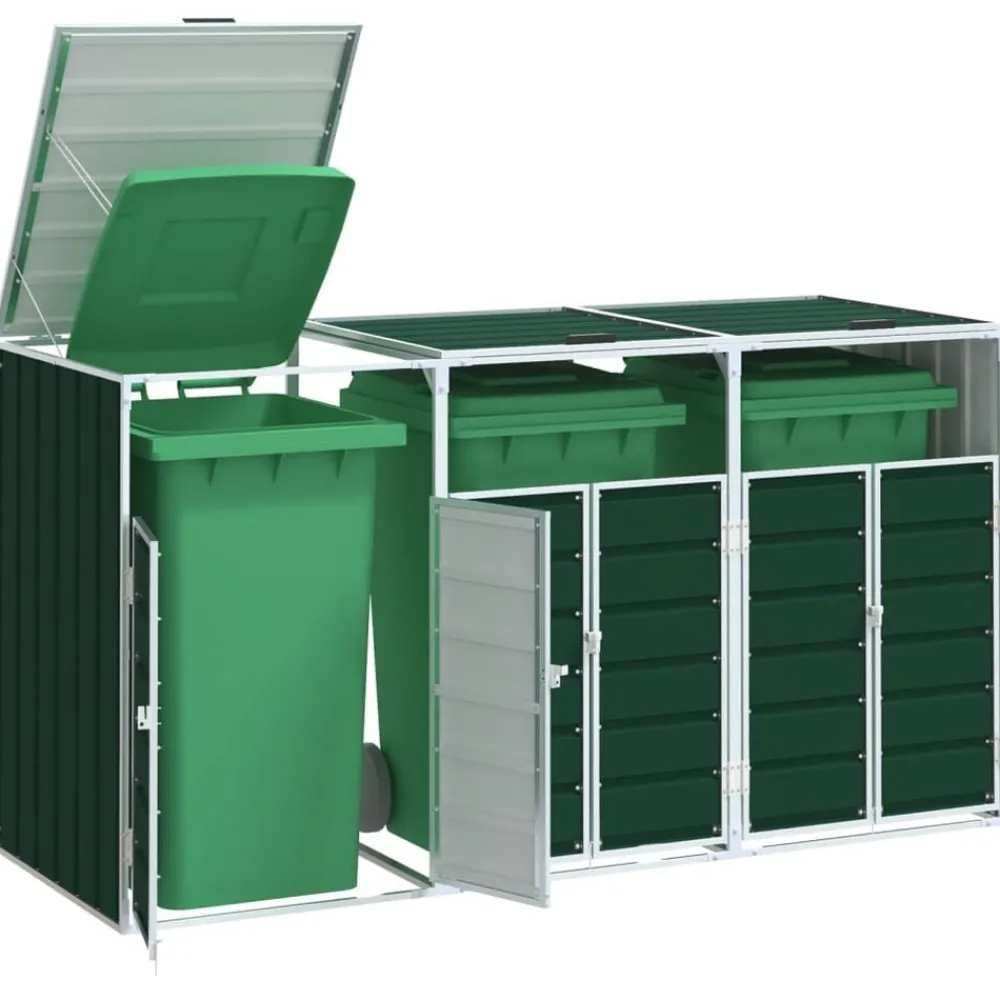 Produits Ménagers-vidaXL Rangement à roulettes pour poubelles pour trois bacs acier Vert