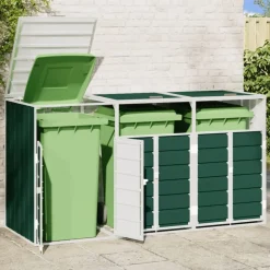 Produits Ménagers-vidaXL Rangement à roulettes pour poubelles pour trois bacs acier Vert