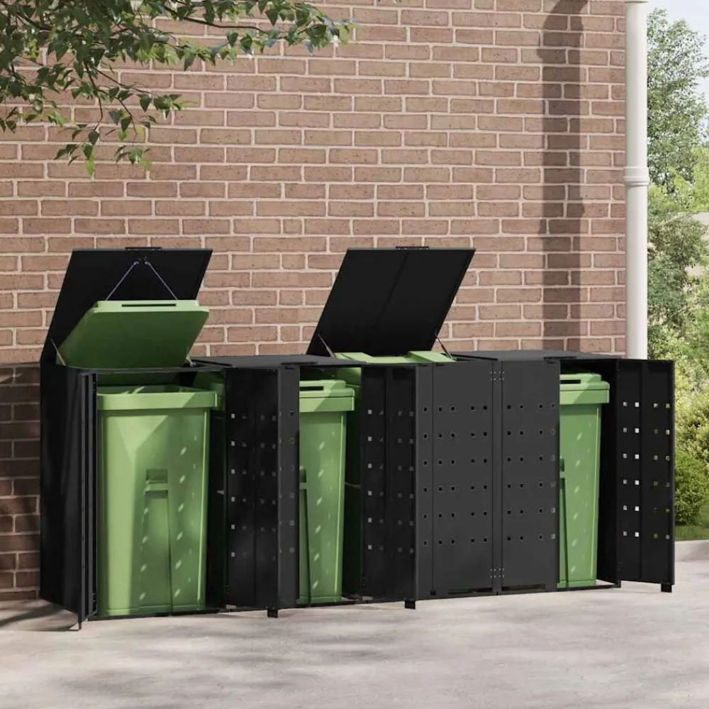 Produits Ménagers-vidaXL Rangement à roulettes pour poubelles pour 4 bacs acier Noir