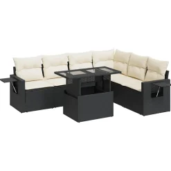Mobilier De Jardin-vidaXL Salon de jardin 7 pcs avec coussins noir résine tressée Noir et crème