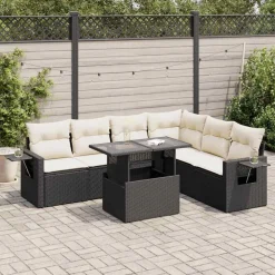 Mobilier De Jardin-vidaXL Salon de jardin 7 pcs avec coussins noir résine tressée Noir et cr&egrave;me