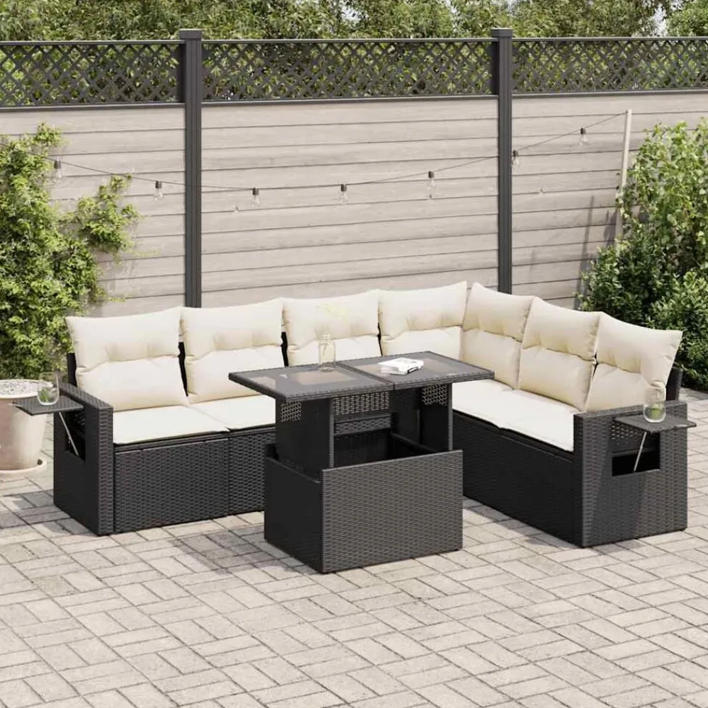 Mobilier De Jardin-vidaXL Salon de jardin 7 pcs avec coussins noir résine tressée Noir et crème