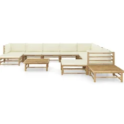 vidaXL Salon de jardin 12 pcs avec coussins blanc crème bambou