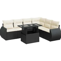 Mobilier De Jardin-vidaXL Salon de jardin 7 pcs avec coussins noir résine tressée Noir et crème
