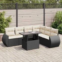 Mobilier De Jardin-vidaXL Salon de jardin 7 pcs avec coussins noir résine tressée Noir et cr&egrave;me