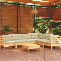 vidaXL Salon de jardin 7 pcs avec coussins crème bois de pin massif