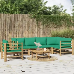 Mobilier De Jardin-vidaXL Salon de jardin 7 pcs avec coussins vert bambou