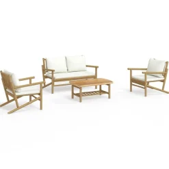 Mobilier De Jardin-vidaXL Salon de jardin 4 pcs avec coussins blanc crème bambou